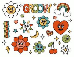 groovy retro hippie elementen set. tekenfilm regenboog, bloem, madeliefje met schattig grappig gezichten karakter. vector illustratie