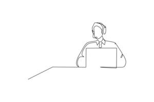 een single lijn tekening van jong mannetje klant onderhoud zorg werken en zittend in voorkant van computer. telefoontje centrum concept doorlopend lijn trek ontwerp vector illustratie