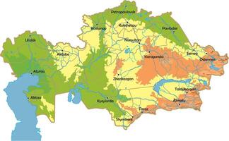 vector fysiek kaart van Kazachstan. kleur kaart, bergen en vlaktes, rivieren en meren. majoor steden, wegen en regionaal grenzen
