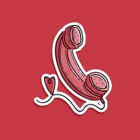 rood oud telefoon met liefde teken in de kabel illustratie vector ontwerp sticker geïsoleerd in rood achtergrond