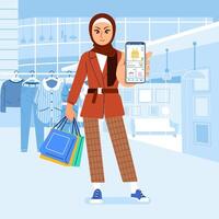 modieus moslim hijab vrouw Bij winkelcentrum tonen online mobiel app Aan telefoon boodschappen doen kleding op te slaan winkel vector