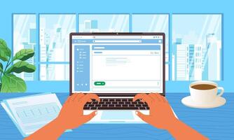 bedrijf handen typen laptop toetsenbord browser Aan scherm Bij kantoor bureau concept vector