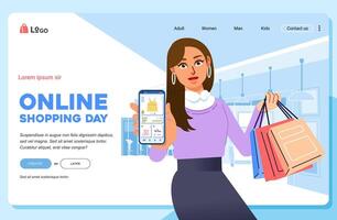 modieus vrouw tonen online mobiel app Aan telefoon boodschappen doen kleding landen bladzijde web sjabloon vector