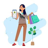 modieus vrouw Bij winkelcentrum tonen online mobiel app Aan telefoon boodschappen doen kleding op te slaan winkel vector