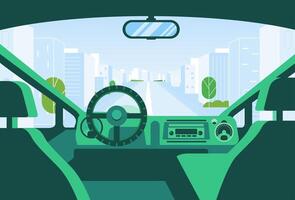 mensen handen het rijden een auto Aan de modern stad weg dashboard interieur visie vector