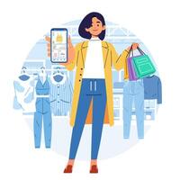 modieus vrouw Bij winkelcentrum tonen online mobiel app Aan telefoon boodschappen doen kleding op te slaan winkel vector