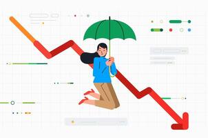 zakenvrouw glijdt Aan paraplu over- diagram tabel van vallend naar beneden bedrijf en winsten vector