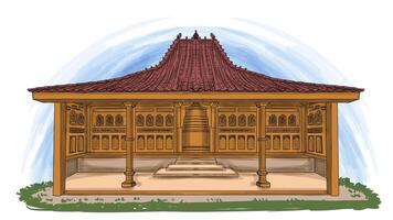 Rumah joglo traditioneel centraal Java Indonesië huis tekenfilm hand- getrokken illustratie vector