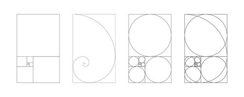 gouden verhouding sjabloon. reeks van harmonie vierkanten. fibonacci reeks, nummers, fractaal. methode gouden sectie, divisie. verzameling van goud proporties kozijnen. vector schets illustratie. eps.