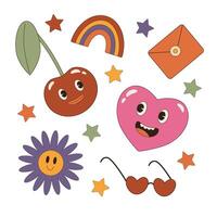 Valentijnsdag dag set. elementen in retro tekenfilm stijl. hart, kers, regenboog, bloemen, envelop, sterren. vector
