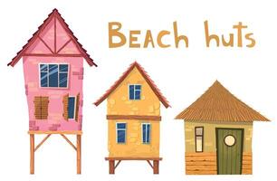 schattig gestileerde strand huizen voorkant visie. zonnig zomer bungalow verzameling vector