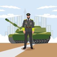 leger Mens met tank. vector illustratie in vlak tekenfilm stijl Aan stedelijk achtergrond.