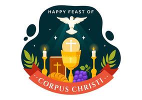 corpus christi Katholiek religieus vector illustratie met feest dag, kruis, brood en druiven in vakantie viering vlak tekenfilm achtergrond