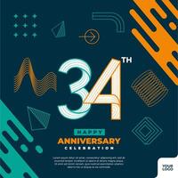 34e verjaardag viering logotype met kleurrijk abstract meetkundig vorm y2k achtergrond vector