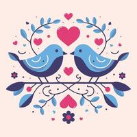 twee paar- schattig kleurrijk levendig liefde vogel papegaai paar neergestreken Aan een Afdeling van een boom hart vorm Aan midden- omringd door bloem valantines dag concept thema muur kunst decoratie groet kaart symbool vector