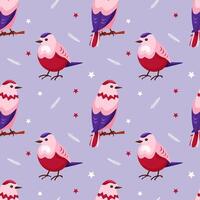 naadloos patroon met schattig roze cartoon-stijl vogels. de vogel staat Aan een blauw achtergrond met twijgen en sterren. voorjaar patroon voor het drukken en decoreren vector