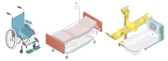 ziekenhuis meubilair isometrisch. rolstoel, ziekenhuis bed, medisch bad geïsoleerd vector illustratie