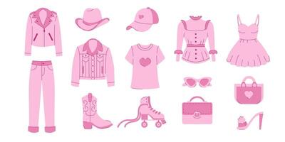 reeks van roze kleren voor meisjes. voorjaar en zomer ziet eruit. kleren en accessoires. vector illustratie
