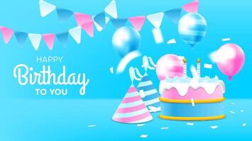 gelukkig verjaardag kaart met taart, ballonnen, confetti, hoed, en driehoek decoratie in blauw, wit en roze kleur. vector illustratie