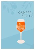 campari spritz cocktail in glas met ijs en plak van oranje. zomer Italiaans aperitief retro poster. muur kunst met alcoholisch drank versierd met oranje wiggen en citrus boom Aan achtergrond. vector