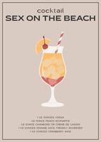 seks Aan de strand tropisch cocktail gegarneerd met oranje en kers. klassiek alcoholisch drank recept muur kunst afdrukken. zomer aperitief poster. hedendaags alcoholisch drinken aanplakbiljet. vector illustratie