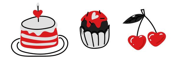 reeks van taart, muffin, kers. schetsen van tekening cupcakes met harten. gebakken toetje voor een Valentijnsdag dag feest. voorwerpen getrokken door hand. lineair schetsen van de accu. met liefde tekening vlak illustratie vector