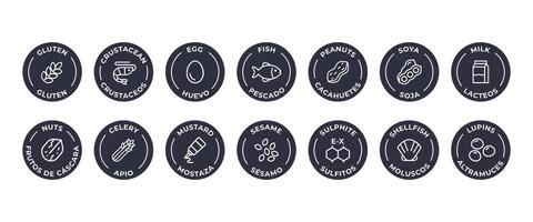 geïsoleerd vector logo reeks insigne ingrediënt waarschuwing label. allergenen pictogrammen. voedsel onverdraagzaamheid. de 14 allergenen verplicht naar verklaren geschreven in Spaans en Engels