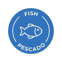 geïsoleerd vector logo insigne ingrediënt waarschuwing label. kleurrijk allergenen pictogrammen. voedsel onverdraagzaamheid vis. geschreven in Spaans en Engels