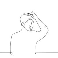 Mens geklemd zijn hoofd - een lijn tekening vector. concept schok, verwardheid, wanhoop vector