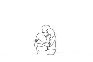 Mens huilt bitter en een ander comfort hem knuffelen - een lijn tekening vector. concept van rouw en troost, dichtbij mensen zijn ervaren moeilijkheden, verlies in familie vector