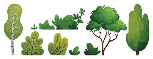 groen bomen en struiken set. Woud, tuin, of park landschap planten. verzameling van voorjaar of zomer vegetatie vector illustraties. tekenfilm planten verzameling voor spandoeken, kaarten, dekt, web ontwerp.