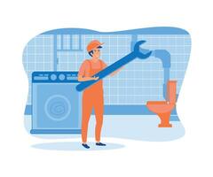 Mens loodgieter arbeider met werk uitrusting ontvangen badkamer toilet reparatie Diensten. vlak vector modern illustratie