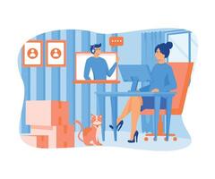 vrouw zittend Bij bureau in knus kamer, op zoek Bij computer scherm en pratend met collega's online. vlak vector modern illustratie