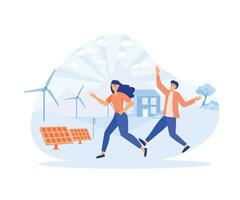 een jong vrouw en een Mens rennen. ecologie hernieuwbaar van zonne- panelen, wind turbines, regen stroom. vlak vector modern illustratie