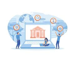 online internet bank concept. bank werkgevers helpen naar dragen uit online betaling en spaargeld transacties in de omgeving van de wereld. vlak vector modern illustratie