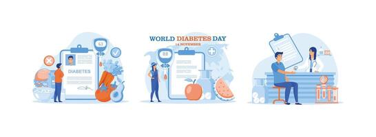 glucometer voor suiker niveau bloed test met eetpatroon en ongezond voedsel, geneeskunde diabetes concept, dokter geven overleg voor bloed staat controle. diabetes niveau reeks vlak vector modern illustratie