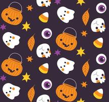 halloween naadloos patroon pompoen emmer, geest, snoepgoed, blad, skelet vector