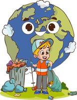 gelukkig wereld en kinderen schoon de milieu van vuilnis vector