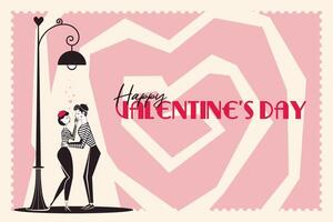 gelukkig Valentijnsdag dag banier, achtergrond. horizontaal poster met mime paar onder straat lamp in modieus retro stijl van Jaren 60 jaren 70. vector illustratie.