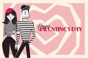 gelukkig Valentijnsdag dag banier, achtergrond. horizontaal poster met mime paar in modieus retro stijl van Jaren 60 jaren 70. vector illustratie.