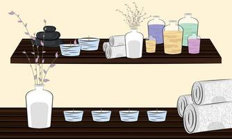 groep van kaarsen, handdoeken en verschillend spa producten vector