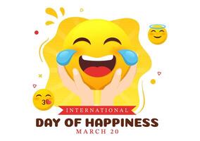 wereld geluk dag viering vector illustratie met Aan 20 maart glimlachen gezicht uitdrukking en geel achtergrond in vlak tekenfilm ontwerp