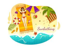zonnen vector illustratie van mensen aan het liegen Aan sjees lounge en ontspannende Aan strand zomer vakantie in vlak tekenfilm hand- getrokken Sjablonen