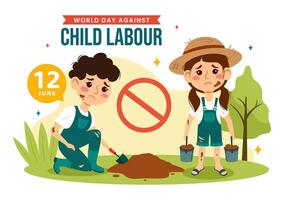wereld dag tegen kind arbeid vector illustratie Aan 12 juni met kinderen werken voor de benodigdheden van leven in vlak tekenfilm achtergrond