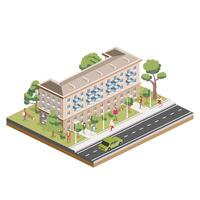 isometrische woon- vijf verdieping gebouw met mensen, weg en bomen. icoon of infographic element. stad huis. bouwkundig symbool geïsoleerd Aan wit achtergrond. 3d voorwerp. vector