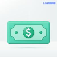 3d dollar Bill icoon symbool. groen papier rekening, contant geld, interesseren tarief, bedrijf en financiën, investering, financieel, betaling concept. 3d vector geïsoleerd illustratie, tekenfilm pastel minimaal stijl.