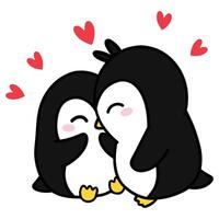 pinguïn paar zoenen, hand- getrokken, en tekenfilm illustratie van schattig pinguïns in liefde. vector