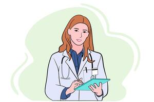vrouw gp of arts raadplegen cliënt online Aan stootkussen in modern kliniek. vector