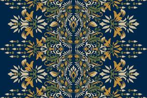 arabesk ikat bloemen patroon Aan marine blauw achtergrond.ikat etnisch oosters borduurwerk vector illustratie, Azteken stijl, samenvatting achtergrond.ontwerp voor textuur, stof, kleding, verpakking, decoratie, sjaal.