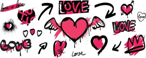 reeks van verstuiven verf Valentijn element vector. hand- getrokken graffiti structuur stijl verzameling van hart in zwart en roze kleur. romance ontwerp illustratie voor afdrukken, tekenfilm, kaart, decoratie, sticker. vector